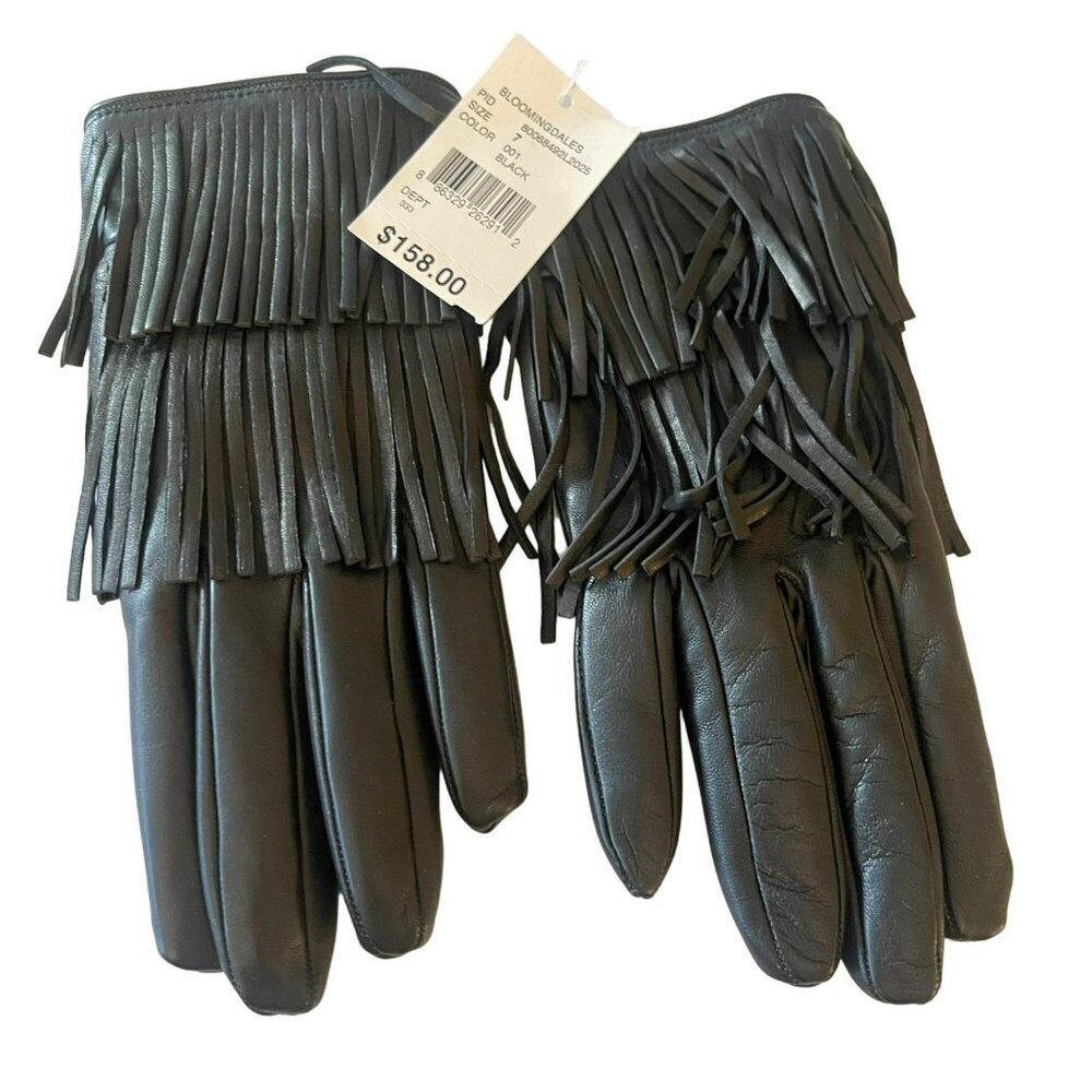 Bloomingdale's Black Fringe Leather Gloves NWT